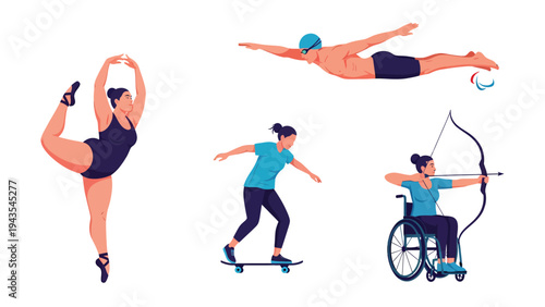 Diverse Athletes & Sports Activities: Ballet, Swimming, Skateboarding, Archery. Inclusive Active Lifestyle Illustrations.