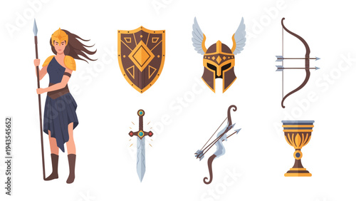 Ancient & Fantasy Warrior Equipment Collection: Female Fighter, Spear, Shield, Helmets, Bows, Sword, Goblet Vector Art