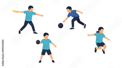 Set of vector illustrations featuring active young boys playing diverse sports and games, including frisbee, ball play, and jumping.