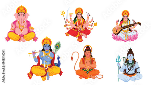 Colorful Vector Illustrations of Popular Hindu Deities and Gods, Indian Mythology and Spirituality