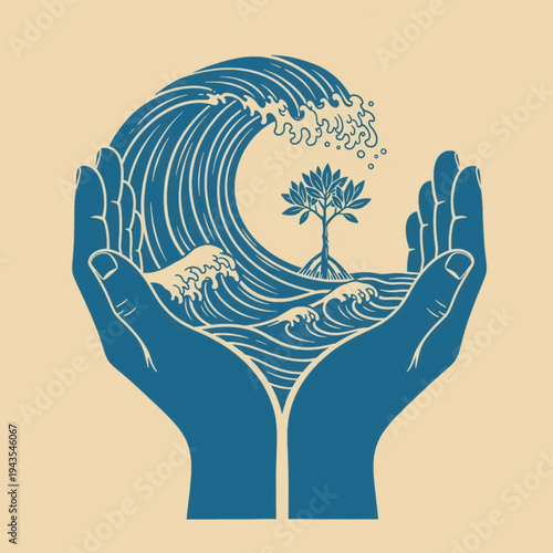 Hands Protecting Ocean Wave and Mangrove Tree Environmental Vector