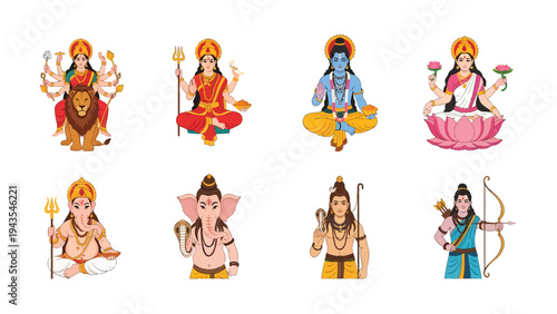 Cartoon Illustrations of Major Hindu Deities. Indian Gods and Goddesses Vector Set.