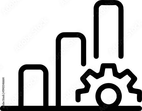A black outline graph showing increasing bars alongside a rotating gear mechanism