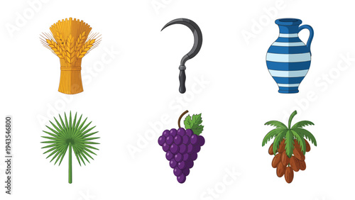 Ancient Agricultural Symbols Harvest Wheat Grapes Dates Sickle Jar and Palm Leaf Icons