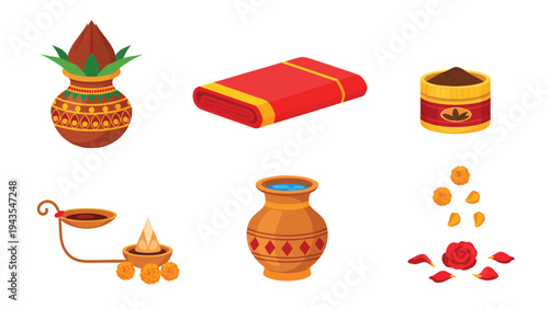 Indian Hindu Puja Ceremony Ritual Items Collection Vector Illustration