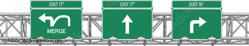 Green highway directional signs with lane arrows and merge indicators, mounted on overhead structure for traffic guidance and road navigation design template.