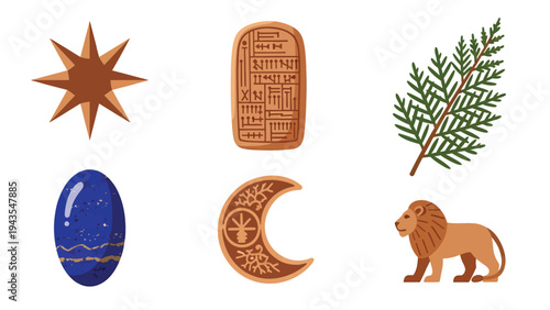 Ancient Symbols and Icons Star Tablet Branch Gemstone Crescent Moon Lion Vector Illustration Set