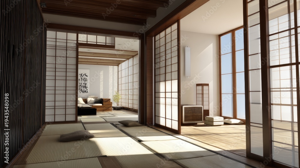 Obraz premium Serene Minimalist Interior of Traditional Japanese Style Room with Natural Light, Tatami Mats, and Shoji Screens for Relaxation and Meditation Spaces