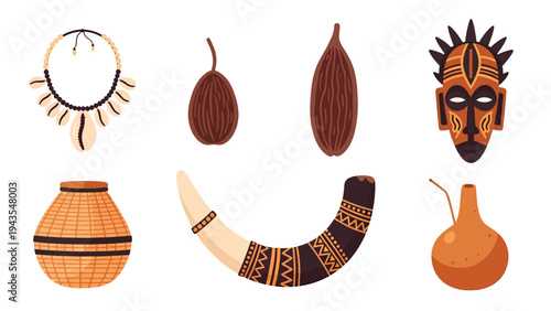 Authentic African Tribal Art Cultural Objects Set Mask Necklace Pottery Horn Gourds