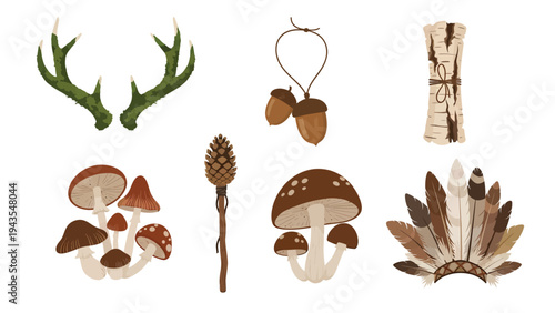 Whimsical Woodland Elements Collection Antlers Mushrooms Acorns Pinecone Wand Scroll Feather Headdress
