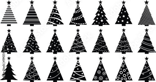 Collection of decorative Christmas tree silhouettes with stars and ornaments, festive holiday vector icon set, minimalist black winter season symbols isolated on white background