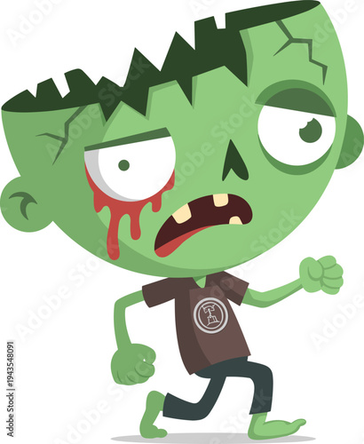 Funny cartoon zombie character running with cracked head and bleeding eye, spooky Halloween monster illustration isolated on white background for kids design