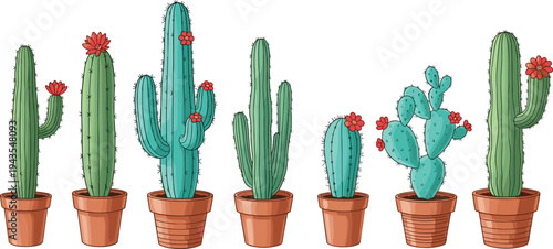 Collection of potted cactus plants with flowers, decorative desert succulent illustration set isolated on light background for botanical design, home decor, gardening, and nature themes