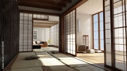 Serene Minimalist Interior of Traditional Japanese Style Room with Natural Light, Tatami Mats, and Shoji Screens for Relaxation and Meditation Spaces
