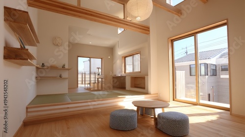 Bright and Airy Modern Interior Design of Japanese Style Living Room with Natural Light, Wooden Elements, and Minimalist Decor