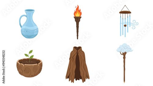 Mystical Elements Collection Ancient Jar Flaming Torch Wind Chimes Seedling Pot Rustic Cloak and Crystal Staff Fantasy Icons Symbols