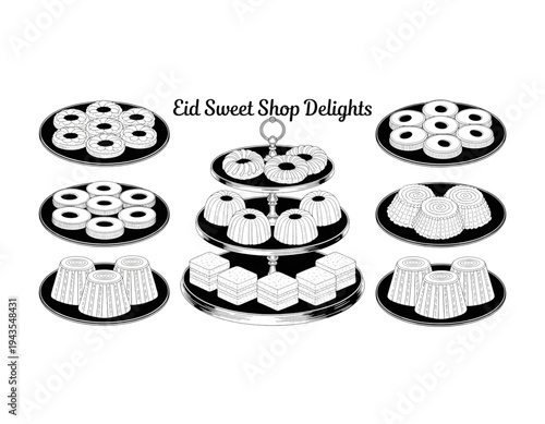 A minimalist illustration of various traditional Eid sweets on display on multiple black platters on transparent background