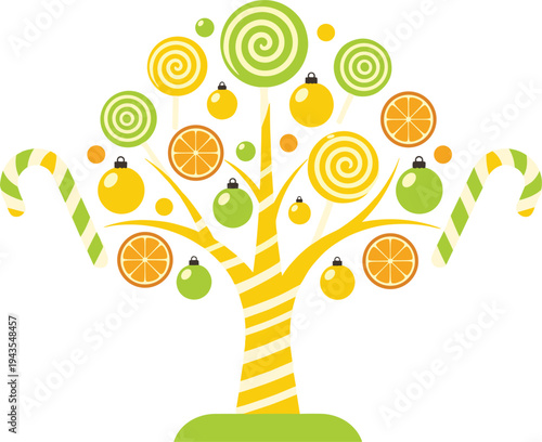 Colorful Christmas candy tree illustration with lollipops, candy canes, oranges and baubles forming festive holiday tree shape, creative winter dessert themed decoration isolated background