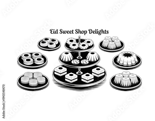 A black and white illustration of various desserts on a multi-tiered serving dish with the words 'Eid Sweet Shop Delights' on a transparent background