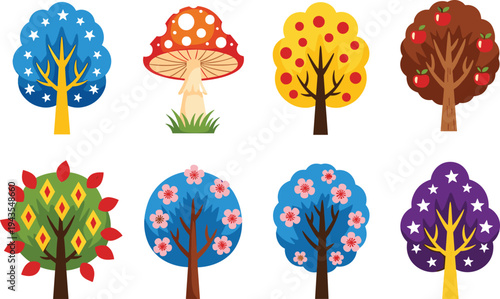 Colorful seasonal tree and mushroom illustration set featuring apple trees, blooming spring trees, autumn foliage, and decorative fantasy forest icons isolated on white background