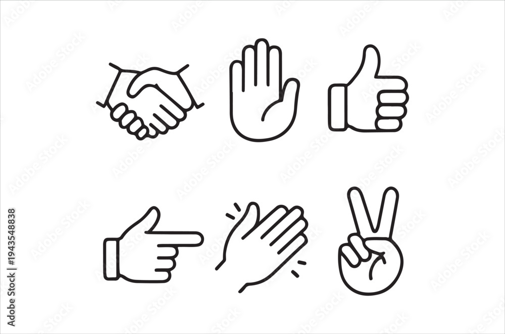 Fototapeta premium Collection of simple line art hand gestures illustrating various positive interactions