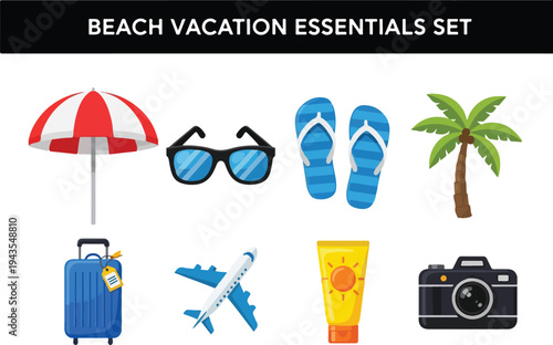 A cartoon image depicting beach vacation essentials on a white backdrop an umbrella sunglasses flipflops palm tree luggage airplane sunscreen and camera