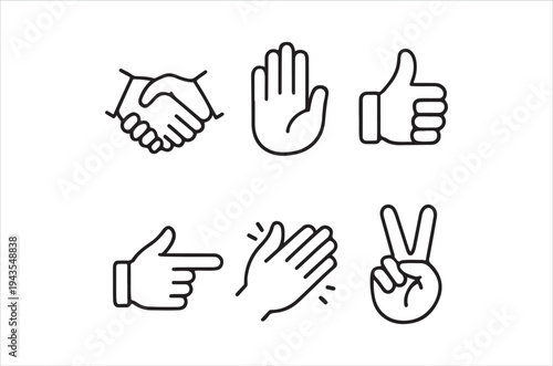 Collection of simple line art hand gestures illustrating various positive interactions