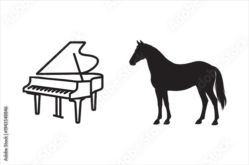 A stark black and white image depicts a grand piano alongside a silhouette of a horse