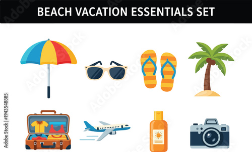 A collection of beach vacation essentials an umbrella sunglasses flipflops palm tree suitcase airplane sunscreen and camera