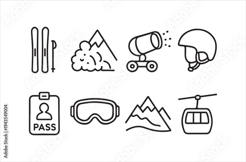 Line art icons depict winter sports equipment and mountain resort elements