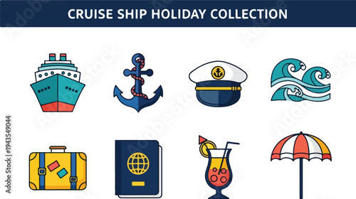 A collection of eight cartoon illustrations related to cruise ship holidays set against a white backdrop