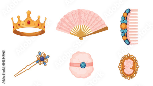 Royal Accessories Set Crown Comb Fan Brooch Hairpin Powder Puff Vintage Beauty Elegance Vector Illustration for Design