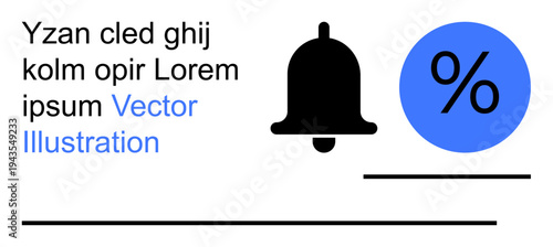 Notifications, alerts, discount offers, marketing, communication, business tools. Black bell icon and blue percent symbol on a white background. Notifications and discount offers concept