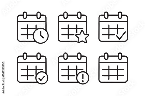 A set of six linear calendar icons with varying symbols denoting events and reminders
