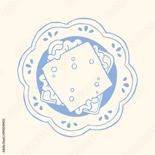 Hand drawn sandwich on ornamental plate in blue outline style. Minimalist food vector illustration ideal for cafe menu design, deli branding, packaging and modern kitchen graphics
