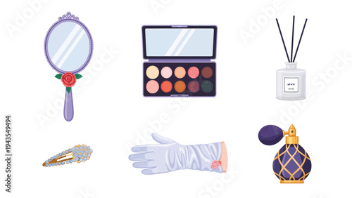 Vintage Beauty Essentials Antique Hand Mirror Makeup Palette Perfume Bottle Reed Diffuser Glamour Glove and Hair Clip Elegant Flat Lay Collection
