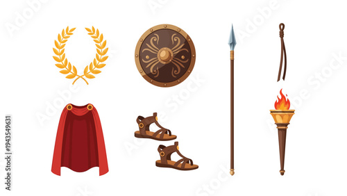 Ancient Roman Warrior Gear and Symbols Laurel Wreath Shield Spear Cape Sandals Torch