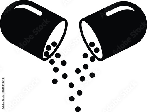 flat vector illustration, medicine capsule icon, open pill with granules, pharmaceutical drug symbol, healthcare medication concept, pharmacy treatment design