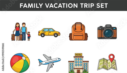 A graphic featuring family travel icons family car backpack camera beach ball plane hotel map with marker