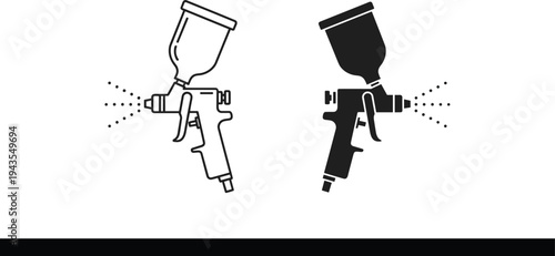flat vector illustration, spray gun icon set, paint sprayer tool, automotive painting equipment, airbrush spray, painter tool silhouette, coating device