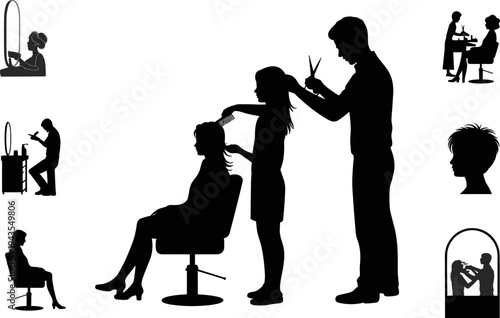 Hairdresser and barber salon silhouettes with hairstylist cutting hair styling client beauty salon service vector illustration collection isolated on white background