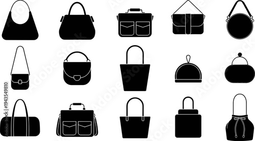 Handbag and purse silhouettes collection featuring fashion tote bags, shoulder bags, clutches and satchels, stylish accessory icons set isolated on white background for design