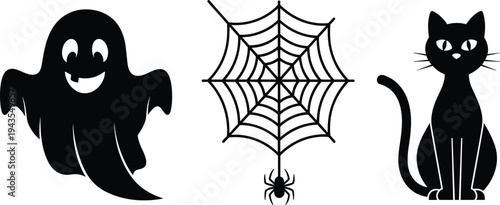 Halloween spooky icons set, ghost spider web black cat silhouettes, creepy holiday symbols collection, scary decorative vector illustration