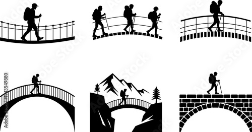 Hiker crossing bridge silhouette set with backpackers trekking on suspension and stone bridges, outdoor adventure travel and mountain hiking concept isolated illustration