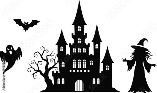 Haunted castle Halloween silhouette set, spooky ghost bat witch elements, dark fantasy night scene, gothic horror illustration, scary vector design, flat vector illustration