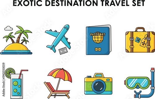 A travel set graphic featuring icons of a tropical island airplane passport suitcase cocktail lounge chair camera and snorkel
