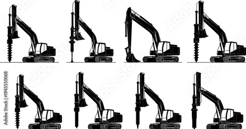 Hydraulic excavator with auger drilling attachment silhouette set showing construction drilling machines, heavy equipment for foundation piling, earth drilling and industrial construction work