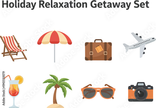 A vacationthemed graphic with a beach chair umbrella suitcase plane cocktail palm tree sunglasses and camera