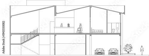 Technical architectural section drawing showing modern multi-level building with interior spaces, stairs, human figures, cars in garage and landscaping in elevation view.
