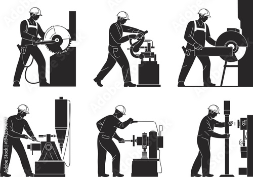 Industrial factory workers operating metal cutting, drilling, and grinding machines silhouette set, manufacturing process and mechanical engineering workshop concept isolated illustration